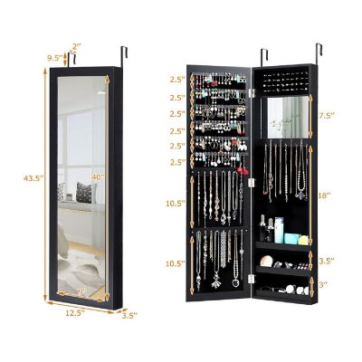 Costway Wall Door Mounted Mirrored Jewelry Cabinet Storage Organizer-Black Image 3