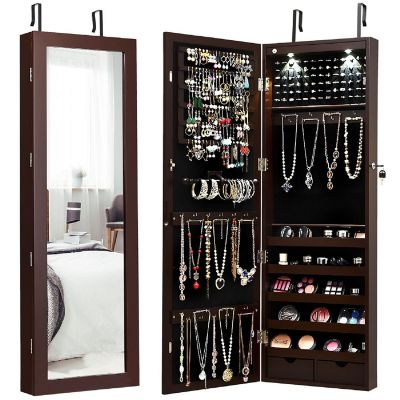 Costway Wall Mount Mirrored Jewelry Cabinet Organizer LED Lights Image 1