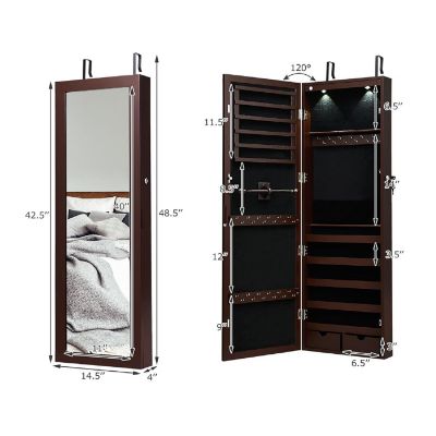 Costway Wall Mount Mirrored Jewelry Cabinet Organizer LED Lights Image 1