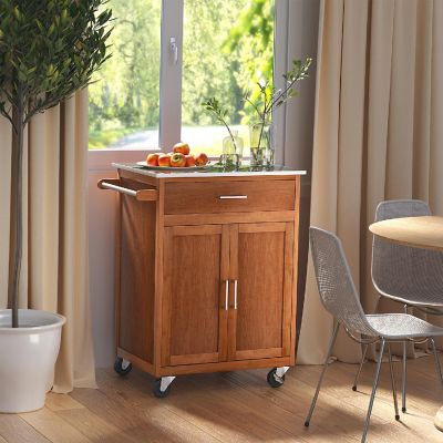 Costway Wood Kitchen Trolley Cart Stainless Steel Top Rolling Storage Cabinet Island Image 2