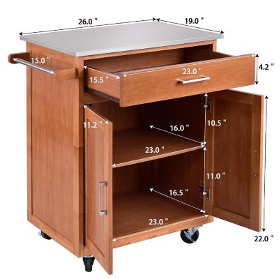 Costway Wood Kitchen Trolley Cart Stainless Steel Top Rolling Storage Cabinet Island Image 3