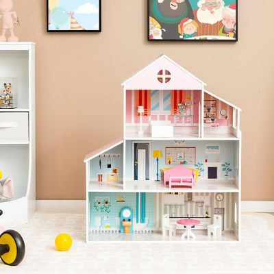 Costway Wooden Dollhouse For Kids 3-Tier Toddler Doll House W/Furniture Gift For Age 3+ Image 1