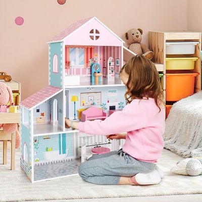Costway Wooden Dollhouse For Kids 3-Tier Toddler Doll House W/Furniture Gift For Age 3+ Image 2