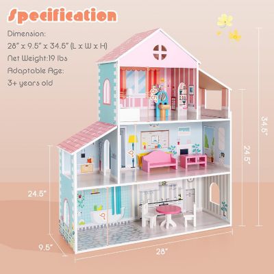 Costway Wooden Dollhouse For Kids 3-Tier Toddler Doll House W/Furniture Gift For Age 3+ Image 3