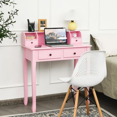Costway Writing Desk Makeup Vanity Table Home Office Computer Desk 4 Drawer Pink Image 3