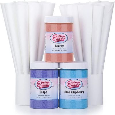 Cotton Candy Express Fun Kit Features Cherry, Blue Raspberry & Grape Floss Sugars (11 oz Each) &, 3 Flavors with Cones Image 1