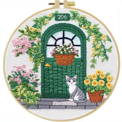 Cross Stitch Kits for Beginners Cat Front Door - 20cm with Frame Image 1