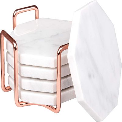 D&amp;#8217;Eco White Carrara Coasters w/ Rose Gold Holder for Drinks- Set of 5 - Tabletop Protection for Any Table Type- Fits Any Size Wine Glass, Cup, Mug- Great Holida Image 1
