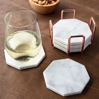 D&amp;#8217;Eco White Carrara Coasters w/ Rose Gold Holder for Drinks- Set of 5 - Tabletop Protection for Any Table Type- Fits Any Size Wine Glass, Cup, Mug- Great Holida Image 2