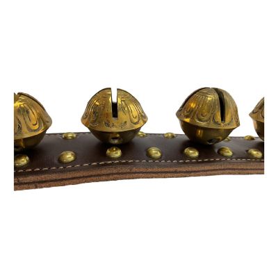 Dark Brown Solid Brass Bells Studded Natural Leather Sleigh Bell Door Hanger USA Image 1
