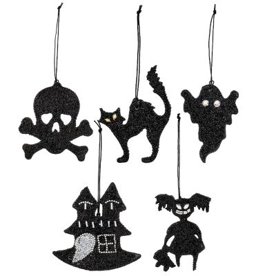 Decorae Beaded Hanging Halloween Ornaments (Set of 5, Black); Reversible Spooky Tree Decorations Image 1