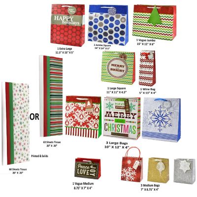 Deluxe 72 Piece Christmas Holiday Gift Bag Set,12 Assorted Bags with 60 Sheets of Tissue Image 1