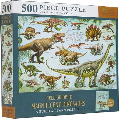 Dinosaur Jigsaw Puzzle, 500 Pieces - Magnificent Dinosaurs, 20" x 14" - with Exclusive 32 Page Field Guide Book - Great Gift for Kids Image 1
