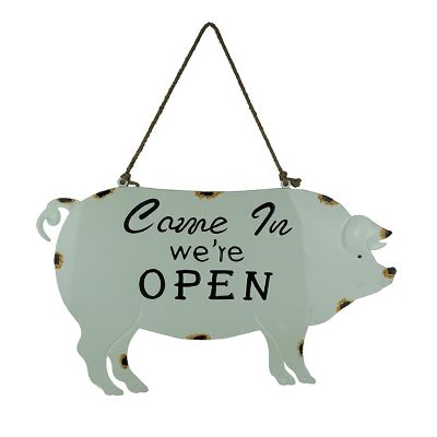 Direct International Weathered White Enamelware Farmhouse Pig Open Sign Image 1