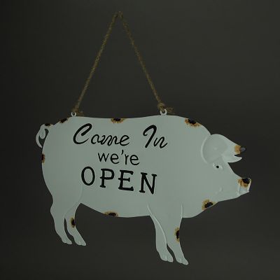 Direct International Weathered White Enamelware Farmhouse Pig Open Sign Image 1