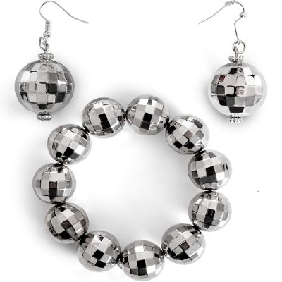 Disco Ball Jewelry Set - 1970s Silver Diva Mirror Balls Costume Bracelet and Earrings Rave Accessories Set for Women and Girls Image 1