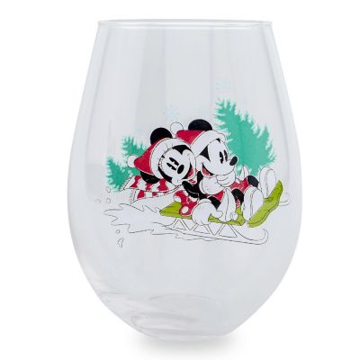 Disney Mickey and Minnie Christmas Sled Stemless Wine Glass  Holds 34 Ounces Image 1