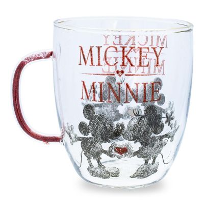 Disney Minnie And Mickey Mouse Glass Mug With Glitter Handle  Holds 14 Ounces Image 1