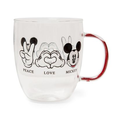Disney "Peace Love" Mickey Mouse Glitter Handle Glass Mug  Holds 14 Ounces Image 1