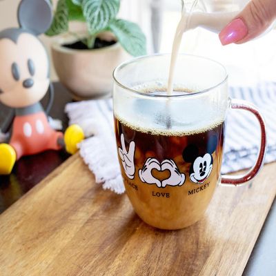 Disney "Peace Love" Mickey Mouse Glitter Handle Glass Mug  Holds 14 Ounces Image 3