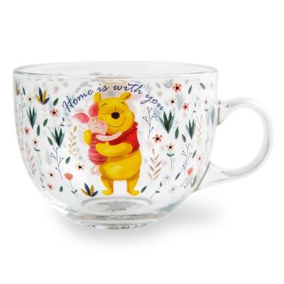 Disney Winnie the Pooh and Piglet Floral Glass Mug  Holds 16 Ounces Image 1