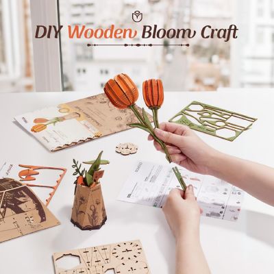 DIY 3D Wood Puzzle Orange Tulip 76pcs Image 2