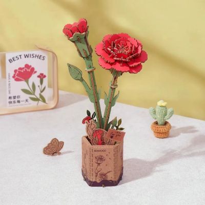 DIY 3D Wood Puzzle Red Carnation 124pcs Image 1
