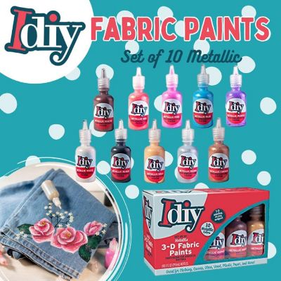 DIY Fabric Paints, Set of 10 Metallic Colors, (1oz bottles) Ultra Bright 3D Fabric Paint, Non-Toxic Water-Based and Permanent - Great Craft, Gift, Project - Dec Image 1