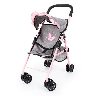Doll Buggy Stroller W/ Sun Canopy, Grey, Pink, Butterfly Image 2