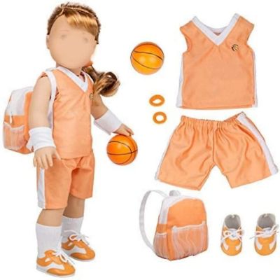 Dress Along Dolly Basketball Uniform Outfit for American 18" Dolls (8 pc Set) - Includes Premium Handmade Doll Clothes & Accessories - Sport Halloween Costume Image 1