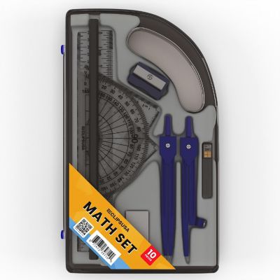 E-Clips USA Geometry Math Set - Includes Protractor, Compass, Ruler, Writing Tools, With Case, 10 Pieces , 36 Units Image 1
