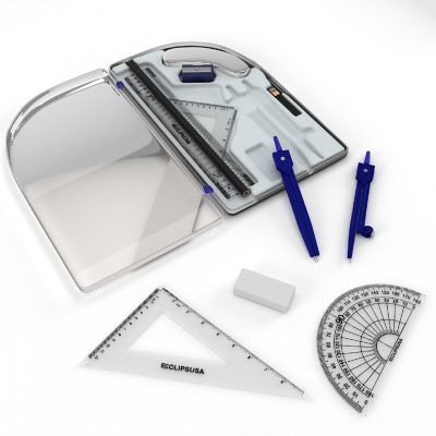 E-Clips USA Geometry Math Set - Includes Protractor, Compass, Ruler, Writing Tools, With Case, 10 Pieces , 36 Units Image 1