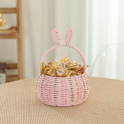 Easter Bunny Ear Basket with Handle Multi-Purpose Paper Rope Wicker Basket for Easter Egg Hunts, Picnics, Flowers, Food Storage, Parties, and Home Decor, Pink Image 1