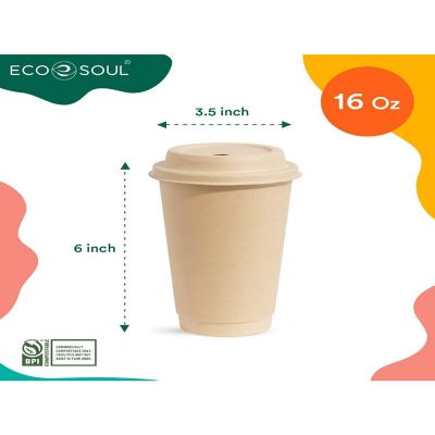 ECO SOUL 100 Percent Compostable Plant Based PFAS Free Hot Cups with Lids - 25 Count, 16 oz Image 1