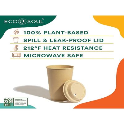 ECO SOUL 100 Percent Compostable Plant Based PFAS Free Hot Cups with Lids - 25 Count, 16 oz Image 2