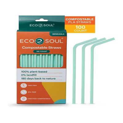 ECO SOUL 100 Percent PLA Compostable Biodegradable Sustainable Disposable Straws - 100 Count, 8.25 Inches Image 1