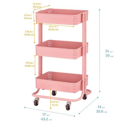 ECR4Kids 3-Tier Metal Rolling Utility Cart, Multipurpose Storage, Pink Image 1