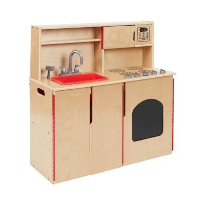 ECR4Kids 4-in-1 Kitchen, Sink, Stove, Oven, Microwave and Storage, Play Kitchen, Natural Image 1