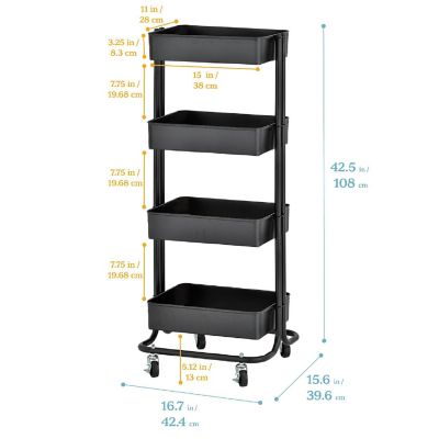 ECR4Kids 4-Tier Metal Rolling Utility Cart, Black Image 1