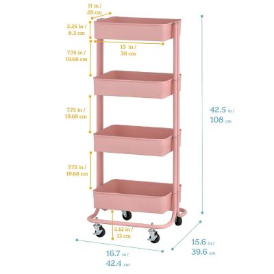 ECR4Kids 4-Tier Metal Rolling Utility Cart, Pink Image 1