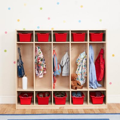 ECR4Kids 5-Section Coat Locker and Scoop Front Storage Bins, Natural, Red Image 3