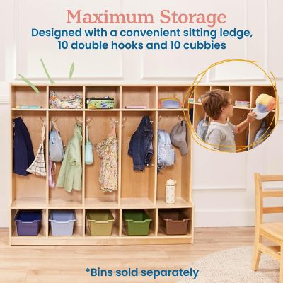 ECR4Kids 5-Section Coat Locker with Bench, Natural Image 3