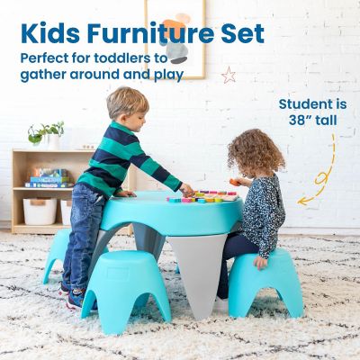 ECR4Kids Ayana Table and Stool Set, Outdoor Kids Table and Chairs, Cyan/Light Grey, 5-Piece Image 2