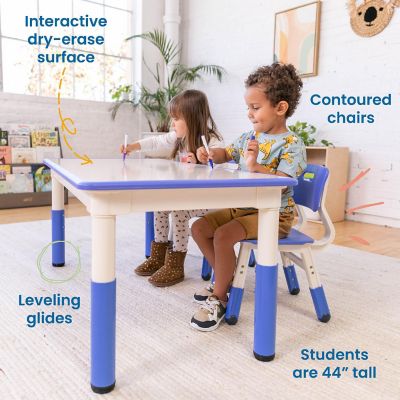 ECR4Kids Dry-Erase Rectangular Activity Table with 2 Chairs, Adjustable, Blue Image 3