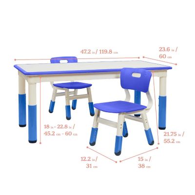 ECR4Kids Dry-Erase Rectangular Activity Table with 2 Chairs, Adjustable, Kids Furniture, Blue Image 1