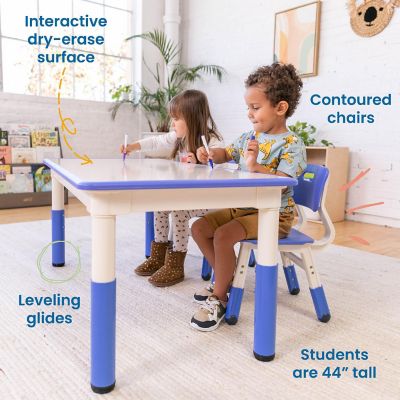 ECR4Kids Dry-Erase Rectangular Activity Table with 2 Chairs, Adjustable, Kids Furniture, Blue Image 3