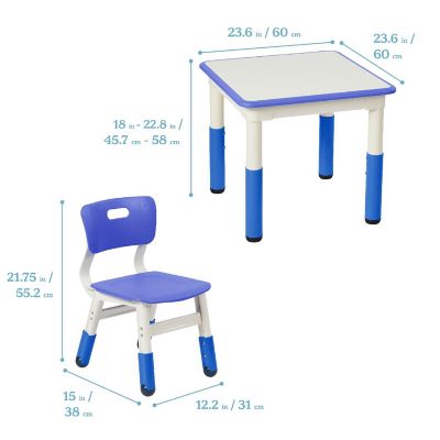 ECR4Kids Dry-Erase Square Activity Table with 2 Chairs, Adjustable, Blue, 3-Piece Image 1
