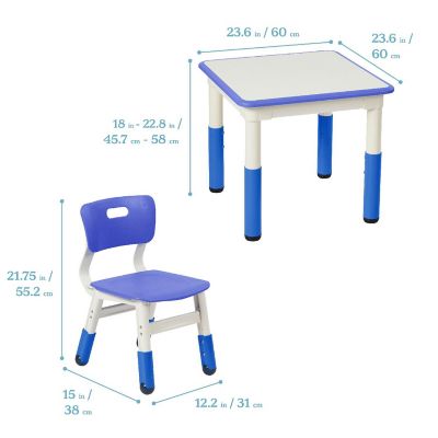 ECR4Kids Dry-Erase Square Activity Table with 2 Chairs, Adjustable, Kids Furniture, Blue, 3-Piece Image 1