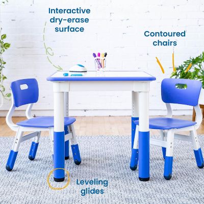 ECR4Kids Dry-Erase Square Activity Table with 2 Chairs, Adjustable, Kids Furniture, Blue, 3-Piece Image 3