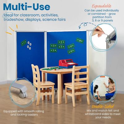 ECR4Kids Mobile Dry-Erase and Flannel Room Divider, 3-Panel, School Supplies, Blue Image 2